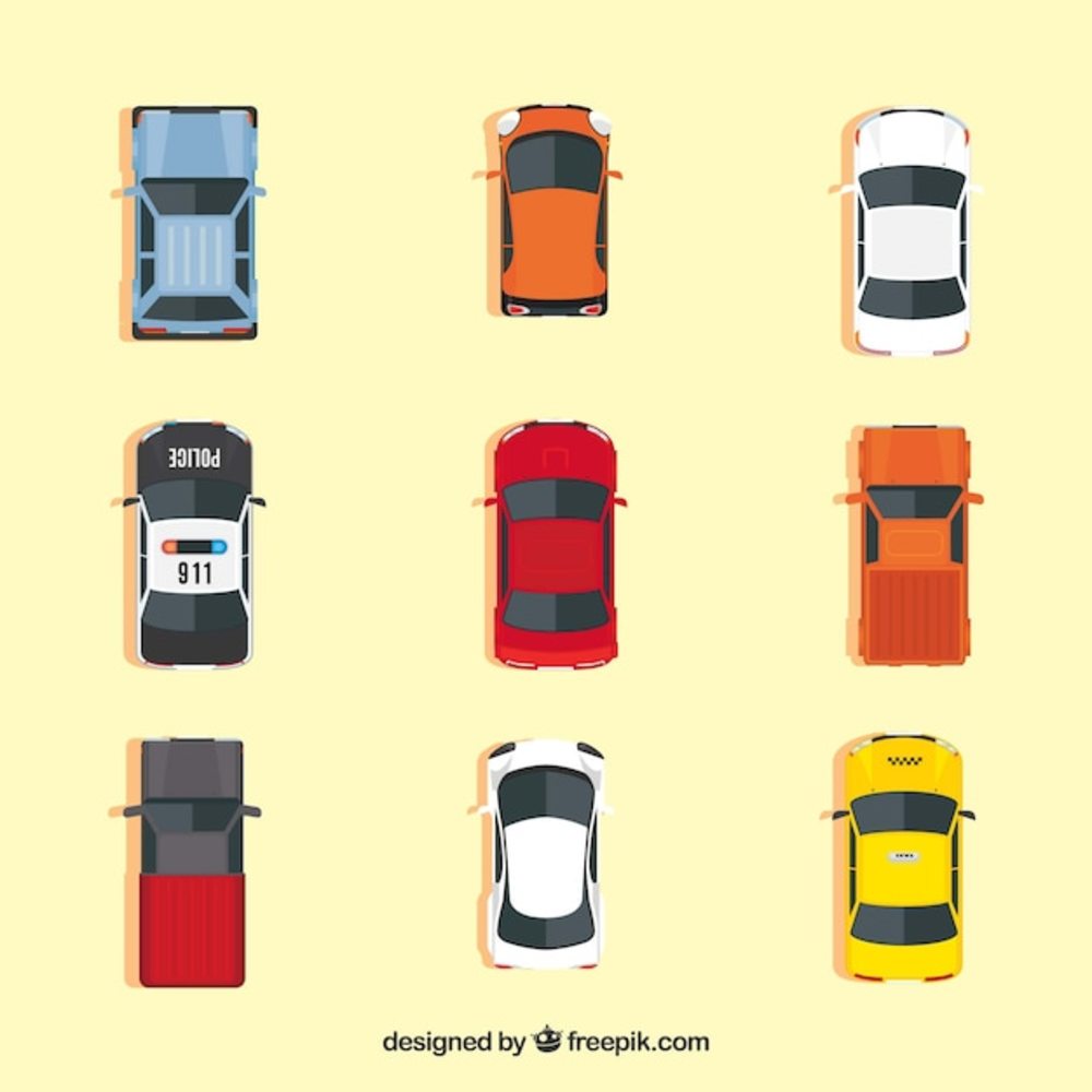九辆不同汽车的顶视图